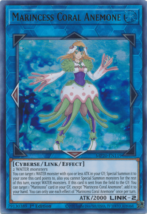 A Yu-Gi-Oh! trading card titled "Marincess Coral Anemone [MP20-EN119] Ultra Rare," included in the 2020 Tin of Lost Memories. This Ultra Rare card features an aquatic-themed character with flowing green hair, adorned in blue and white attire resembling a sea anemone, set against a watery backdrop. The LINK-2 monster has 2000 ATK and effect details below the illustration.