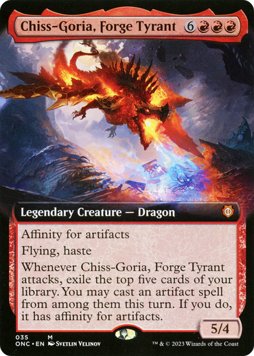 A Magic: The Gathering card featuring "Chiss-Goria, Forge Tyrant (Extended Art)" from the "Phyrexia: All Will Be One Commander" set, this mythic Dragon is designed with a striking fiery and mechanical appearance. The legendary creature is characterized by its red and orange color scheme accented with molten details and includes flying and haste abilities, significantly impacting gameplay through potent artifact spells.