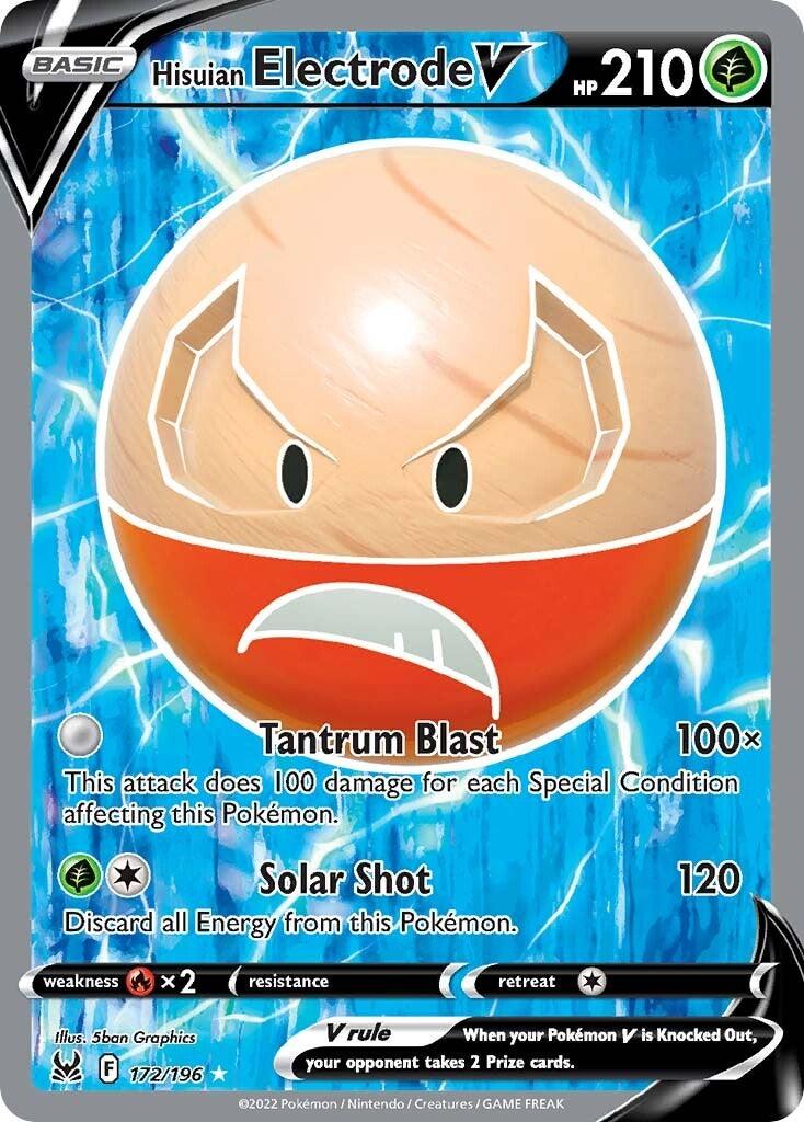 A Pokémon trading card from the Sword & Shield series features the Ultra Rare Hisuian Electrode V (172/196) [Sword & Shield: Lost Origin] with 210 HP. The card shows Electrode with an angry expression, sharp eyebrows, and electrical energy surrounding it. It has two attacks: 