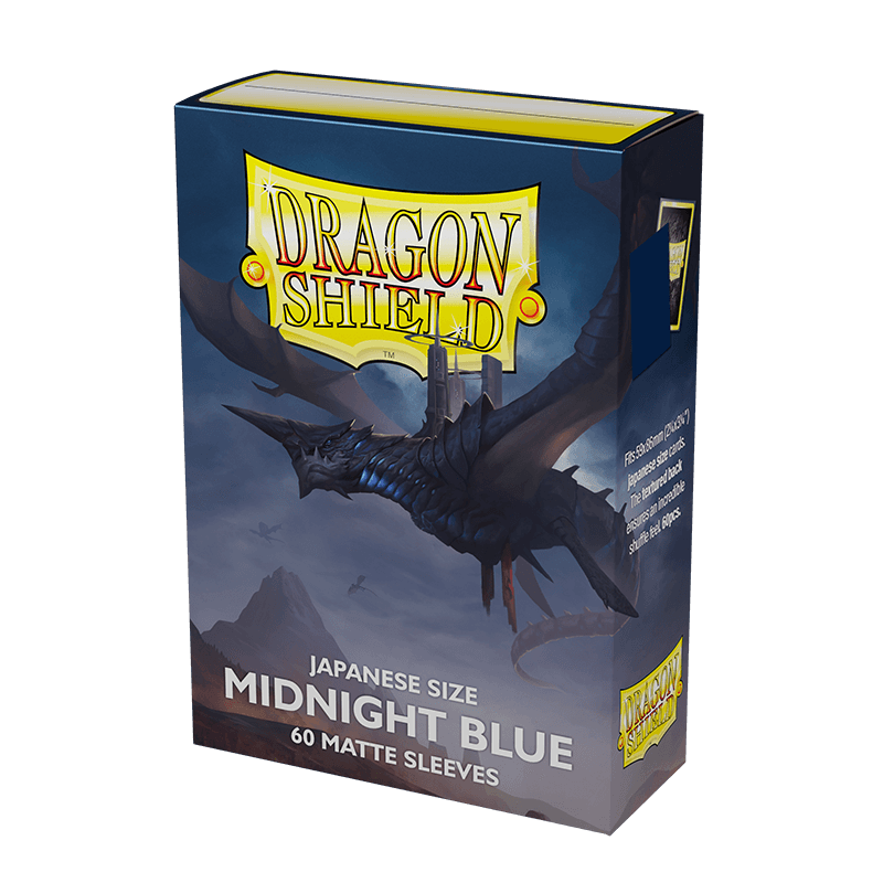 A box of Arcane Tinmen Dragon Shield: Japanese Size 60ct Sleeves - Midnight Blue (Matte) featuring a blue dragon flying over a misty landscape. The box, marked as 