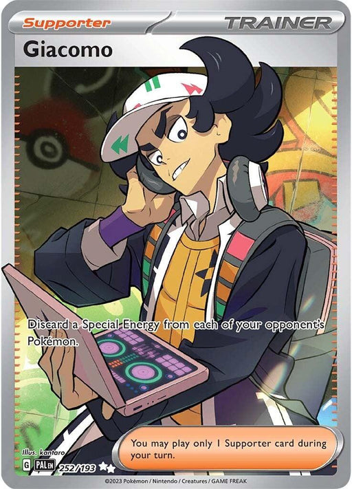Image of a Pokémon Ultra Rare trading card named Giacomo (252/193) [Scarlet & Violet: Paldea Evolved] from the Scarlet & Violet series, featuring a character with black hair, a hat with colorful symbols, wearing a black jacket with multicolored straps, and holding a smartphone. The card text states, "Discard a Special Energy from each of your opponent's Pokémon.