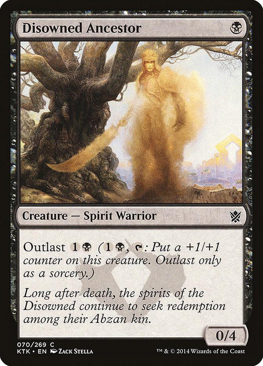 Magic: The Gathering card titled "Disowned Ancestor [Khans of Tarkir]." The artwork depicts a ghostly Spirit Warrior emerging from a tree. This 0/4 common creature has an ability called Outlast. The card belongs to the Khans of Tarkir set, and the artist is Zack Stella.