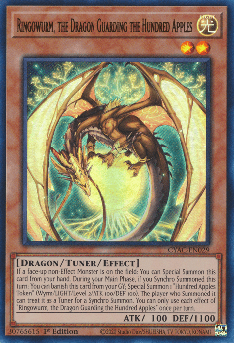 An image of a Yu-Gi-Oh! card titled "Ringowurm, the Dragon Guarding the Hundred Apples [CYAC-EN029] Ultra Rare." The Ultra Rare card features a dragon coiled around several golden apples against a magical, glowing background. As a Dragon/Tuner/Effect Monster, it has ATK 100 and DEF 1100, with multiple lines of effect text below.