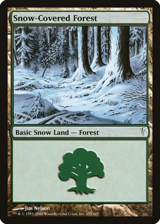 A Magic: The Gathering product, Snow-Covered Forest [Coldsnap], features card art depicting a serene, snow-covered forest with tall trees and a blanket of snow on the ground. Featured in the Coldsnap set, this Basic Snow Land — Forest generates green mana and is illustrated by Jim Nelson.