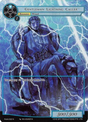 A trading card named "Gentleman Lightning Caller (Full Art) (PofA-030) [Alice Origin IV: Prologue of Attoractia]" from Force of Will shows a Resonator wizard with white hair sitting on a throne-like chair, surrounded by electric blue energy. He wears a formal suit with a high collar. The card has the text "You may pay (1) less to play Mage Arts" and stats 500/500 at the bottom right, from Alice Origin IV.