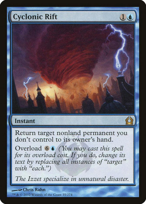 A Magic: The Gathering product titled "Cyclonic Rift [Return to Ravnica]," illustrated by Chris Rahn, is an instant spell costing 1 blue and 1 generic mana. The artwork depicts a swirling red vortex above a dark city skyline with lightning. The card allows returning a target nonland permanent to its owner's hand or overloading.