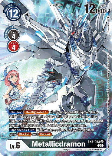 The Digimon trading card "Metallicdramon [EX3-053] (Alternate Art) [Draconic Roar]," a Super Rare edition, features a chrome, robotic dragon with blue wings. On the left side of the card, a young girl wearing a hat and a smaller robotic dragon are depicted. The text on the card highlights abilities such as "De-Digivolve" and key statistics like "Lv.6," "Play Cost: 12," and "DP: 12000.