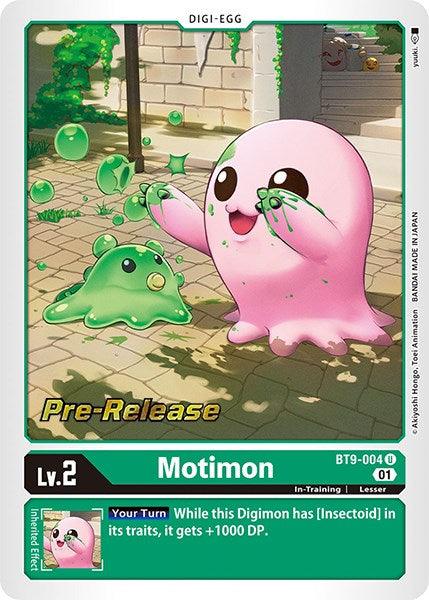 A Digimon card labeled "X Record Pre-Release Promos" features Motimon [BT9-004]. This In-Training II level Lesser Digimon, depicted as a pink, blob-like creature playing with green slime, is classified as a Digi-Egg and has an Inherited Effect that boosts DP.