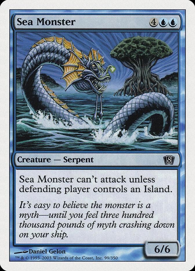 A product from Magic: The Gathering named Sea Monster [Eighth Edition] features a blue sea serpent with sharp teeth, a spiked yellow fin along its back, and a coiled body emerging from ocean waves beside an island. The text says, 