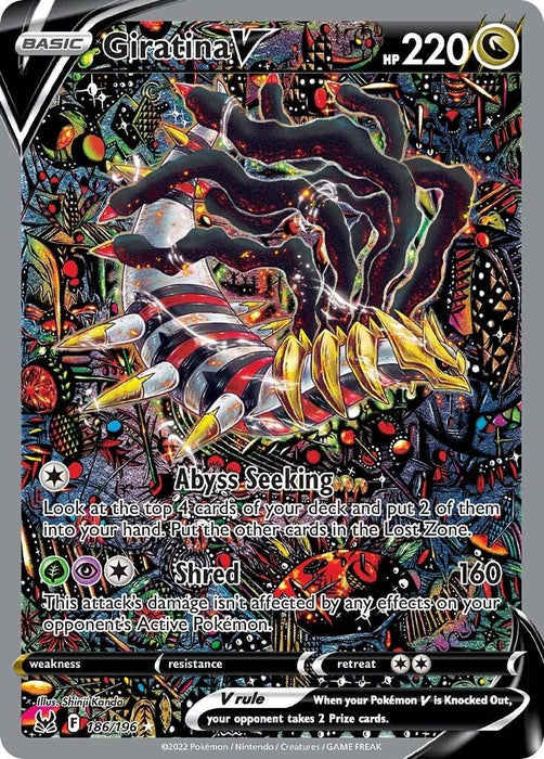 A Pokémon card featuring Giratina V (186/196) [Sword & Shield: Lost Origin] from the Pokémon brand boasts 220 HP. It showcases a colorful Dragon-type Giratina breaking through a stained glass background. The card includes moves Abyss Seeking and Shred, V rule text, and game stats like weakness, resistance, and retreat cost from Lost Origin just burst into the scene!