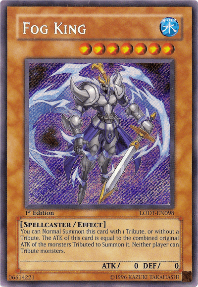 A Yu-Gi-Oh! trading card featuring Fog King [LODT-EN098] Secret Rare, a Spellcaster/Effect Monster. The card shows a muscular humanoid figure in ornate silver armor with a flowing cape and holding a large sword. The background is a foggy blue. The card details its summoning requirements and boasts 0 ATK and 0 DEF stats.
