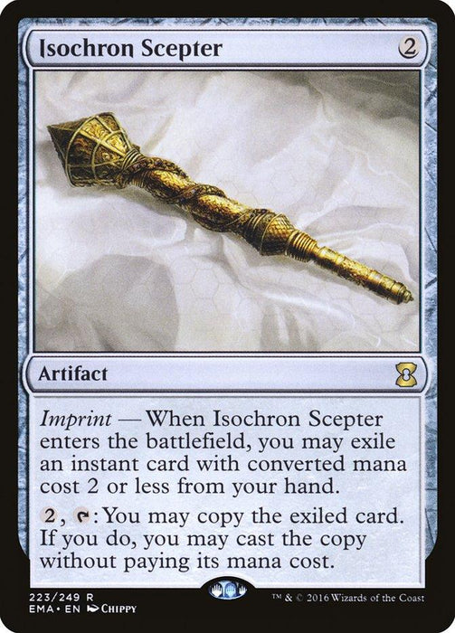 A Magic: The Gathering product named Isochron Scepter [Eternal Masters] from the Eternal Masters set. It showcases a detailed golden scepter. This artifact, with a casting cost of 2 mana, has abilities: Imprint to exile an instant card with converted mana cost 2 or less, and an activated ability for copying and casting the exiled card.