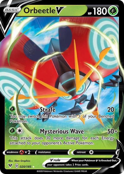 A Pokémon card for Orbeetle V (020/185) [Sword & Shield: Vivid Voltage] from the Vivid Voltage series with 180 HP showcasing two abilities: "Strafe" with 20 damage and "Mysterious Wave" with 50+ damage. The card's art features Orbeetle against a dynamic background. Weakness to fire is indicated. This Ultra Rare card is labeled 020/185 from the 2020 Pokémon series.