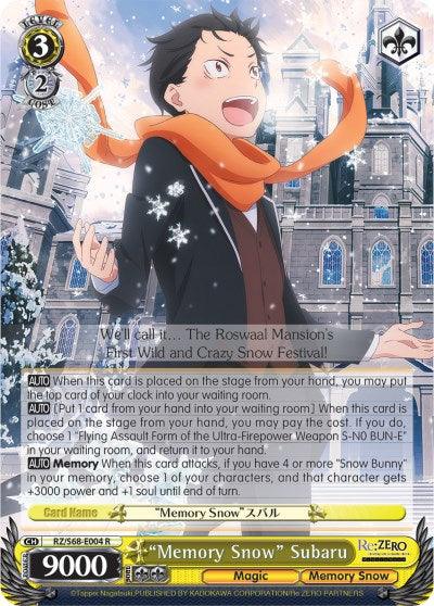 A "Memory Snow" Subaru (RZ/S68-E004 R) [Re:ZERO Memory Snow] character card titled "Memory Snow Subaru." It features Subaru Natsuki in a white coat and yellow scarf, set against a snowy backdrop with buildings. The card boasts various statistics and abilities, with a magic-infused power level of 9000 at the bottom.