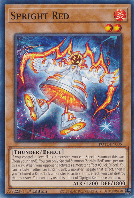 The Yu-Gi-Oh! card "Spright Red [POTE-EN006] Common," an Effect Monster from the Power of the Elements set, features a floating, fiery red humanoid figure with jagged, flame-like appendages extending from its back against a glowing background. This level 2 Thunder/Effect monster boasts stats of ATK/1200 DEF/1800 and has a unique summoning effect.