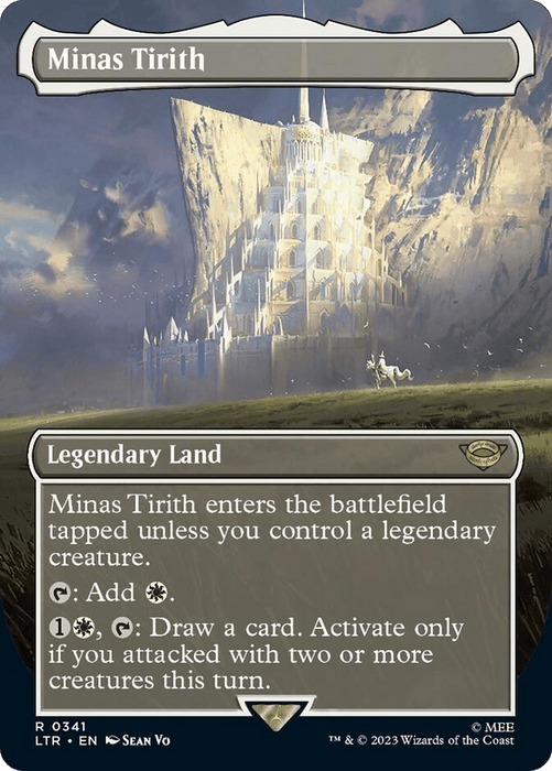 A "Magic: The Gathering" card featuring Minas Tirith (Borderless Alternate Art) (341) [The Lord of the Rings: Tales of Middle-Earth], illustrated by Sean Vo. This Legendary Land from Tales of Middle-Earth enters the battlefield tapped unless a legendary creature is controlled. It can generate white mana and has a draw card function if specific conditions are met.