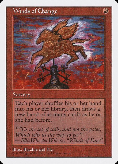 The Winds of Change [Fifth Edition] Magic: The Gathering card, a rare sorcery from the Fifth Edition, has a red border and features an illustration of a winged horse atop a weather vane against a stormy sky. The card text reads, "Each player shuffles his or her hand into his or her library, then draws a new hand of as many cards as he or she had before.