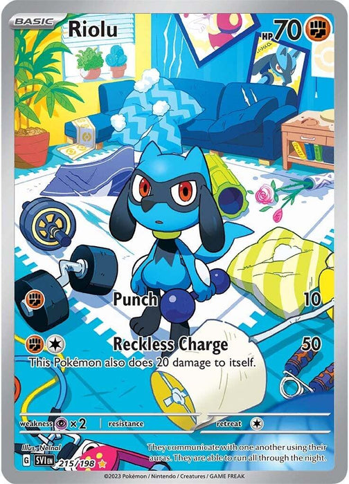 A Pokémon card featuring Riolu from the Scarlet & Violet series. Riolu sits in a messy, brightly colored room with blue and yellow accents. Items like a dumbbell, book, and spilled grapes are scattered around. The card states Riolu has 70 HP and includes the moves "Punch" and "Reckless Charge," which costs 20 damage to itself is called **Riolu (215/198) [Scarlet & Violet: Base Set] by Pokémon**.