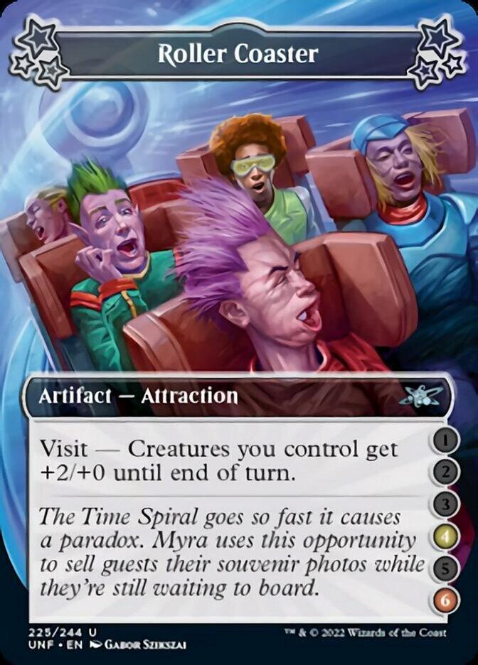 A Magic: The Gathering card named "Roller Coaster (4-6) [Unfinity]" from the Magic: The Gathering set. The illustration depicts four individuals with cartoonish expressions of fear and excitement on a roller coaster. This Artifact – Attraction type card grants creatures you control +2/+0 when visited.
