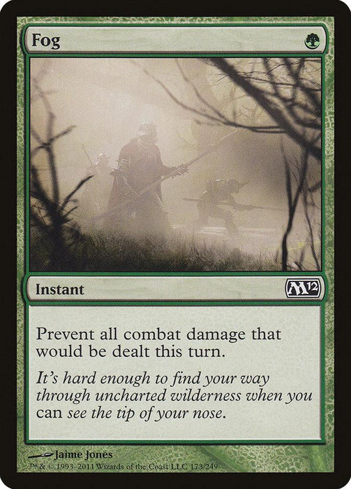 A Magic: The Gathering product titled "Fog [Magic 2012]" from the Magic: The Gathering set. The card has green borders with the mana symbol in the top right corner. The illustration shows a knight and creature in a misty forest. As an instant, its text box reads: "Prevent all combat damage that would be dealt this turn.