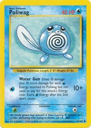 Image of a Base Set Unlimited Pokémon trading card for Poliwag (59/102) [Base Set Unlimited]. It has 40 HP, is a Water type, and displays a round blue Pokémon with large eyes, a spiral pattern on its belly, and a tail. Its move is Water Gun. The background is yellow with blue borders. The card also lists Poliwag's weight, height, and combat stats.