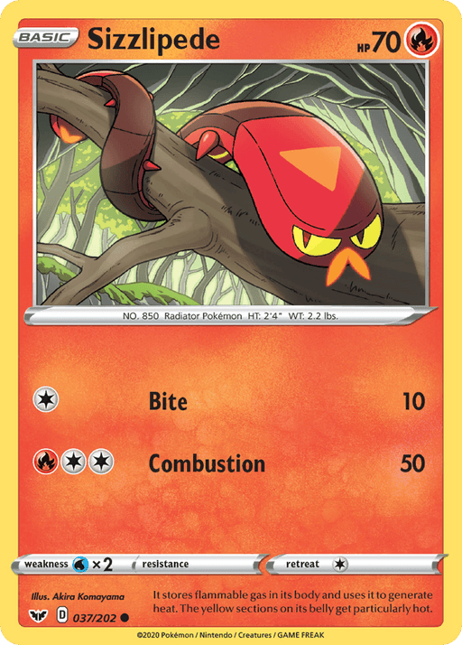 The image shows a Pokémon card of Sizzlipede (037/202) [Sword & Shield: Base Set], a Basic, Fire-type Pokémon with 70 HP from the Pokémon series. Sizzlipede is depicted coiled around a branch, with a red, segmented body and glowing yellow eyes. This common card details two moves: Bite (10 damage) and Combustion (50 damage).