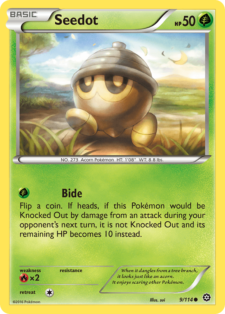 The Seedot (9/114) trading card from the XY: Steam Siege series by Pokémon features a Grass-type Pokémon. On the card, Seedot is illustrated as a small, brown acorn with large eyes and a pointed cap. It is identified as a basic Pokémon with 50 HP. Below its image, details of its move 