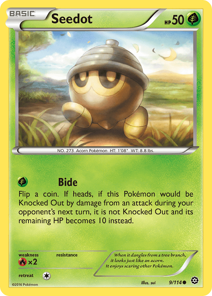 The Seedot (9/114) trading card from the XY: Steam Siege series by Pokémon features a Grass-type Pokémon. On the card, Seedot is illustrated as a small, brown acorn with large eyes and a pointed cap. It is identified as a basic Pokémon with 50 HP. Below its image, details of its move "Bide," along with other characteristics and weaknesses, are provided.