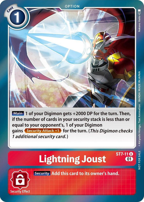 A Digimon Trading Card Game card titled "Lightning Joust [ST7-11] (Gen Con 2022)" from the Starter Deck: Gallantmon Promos boosts a Digimon's power and security attack, with an additional security effect to add it to its owner's hand. This Option card, costing 1, features a knight-like Digimon wielding a glowing lance.