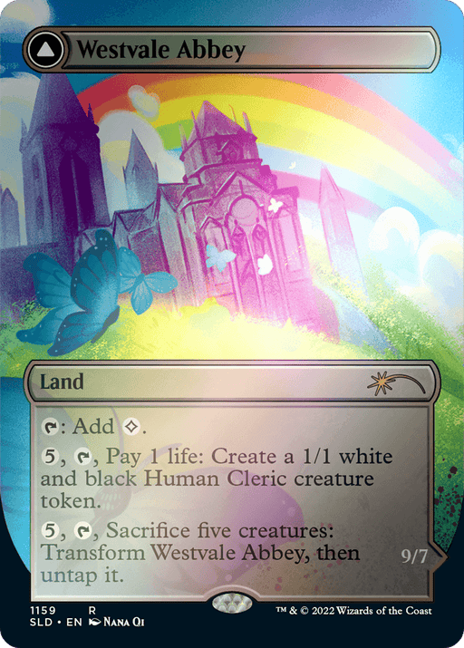 The image shows a Magic: The Gathering card titled "Westvale Abbey // Ormendahl, Profane Prince (Borderless) [Secret Lair: From Cute to Brute]." It features a colorful, whimsical illustration of a cathedral-like building with a large rainbow arching over it, a green butterfly, and a vibrant landscape. Part of the Secret Lair series from Magic: The Gathering, the card is "Land" and provides specific abilities related to mana and creature tokens.