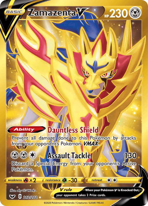 A digital image of a Pokémon trading card featuring Zamazenta V (212/202) [Sword & Shield: Base Set] from Pokémon. The card has a golden and yellow border with Zamazenta depicted at the center. Its abilities include "Dauntless Shield" and "Assault Tackle." With 230 HP, this Secret Rare card is labeled "basic" in the upper left corner.
