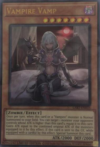 A Yu-Gi-Oh! Ultra Rare trading card featuring "Vampire Vamp [LART-EN033]." The Effect Monster depicts a female vampire with pale skin, white hair, red eyes, and black bat wings, dressed in dark, ornate armor. She sits in a gothic interior. Part of The Lost Art Promotion series, the card includes detailed game text describing her zombie and effect abilities.