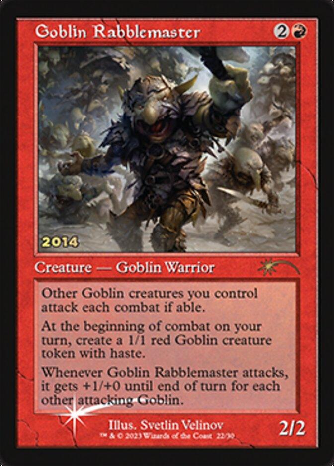 The image is a Magic: The Gathering card titled "Goblin Rabblemaster [30th Anniversary Promos]." It is a red card that costs 2 and 1 red mana to play and is labeled as a 2/2 Goblin Warrior. Its rules text describes abilities, including creating 1/1 red Goblin creature tokens with haste. Illustrated by Svetlin Velinov, the 2023 card celebrates Magic: The Gathering.