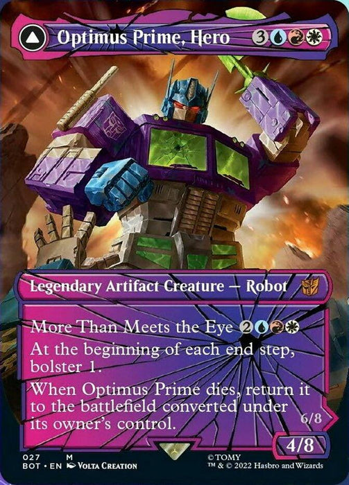 Image of a Magic: The Gathering card titled "Optimus Prime, Hero // Optimus Prime, Autobot Leader (Shattered Glass) [Transformers]". The artwork features a robotic figure with purple and green armor and a stern expression. As a mythic Legendary Artifact Creature – Robot, the card showcases Optimus Prime's abilities and stats, boasting an impressive power/toughness of 4/8.