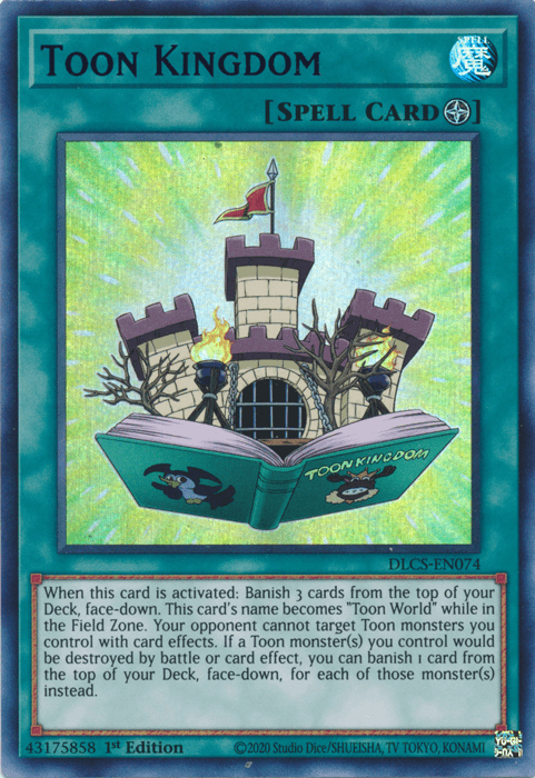 The image features an Ultra Rare "Toon Kingdom (Blue) [DLCS-EN074]" Field Spell card from the Yu-Gi-Oh! trading card game. It shows a whimsical castle, similar to "Toon World," with comic book-inspired details, emerging from a green tome. The card has a green border, indicating its spell card status.