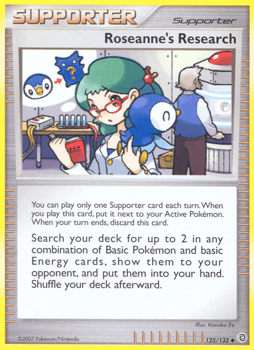 A Pokémon trading card titled "Roseanne's Research (125/132) [Diamond & Pearl: Secret Wonders]" from the Pokémon series. It features an illustration of a green-haired woman in a lab coat holding two Poké Balls, with a Pokémon analyzer in the background. The card text explains its gameplay rule and effect related to deck searching.