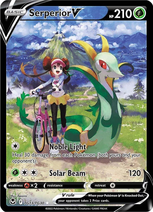 A Pokémon card features Serperior V (TG13/TG30) [Sword & Shield: Silver Tempest] with an HP of 210. The card, from the Silver Tempest set in Sword & Shield, shows a large green serpentine Pokémon with leafy features standing next to a girl on a pink bicycle. Background depicts mountains and a field of flowers. Moves include "Noble Light" and "Solar Beam." The Secret Rare card is illustrated by Teeziro.