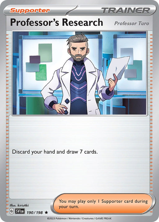 Illustration of a Pokémon trading card titled "Professor's Research" from the Scarlet & Violet: Base Set, featuring Professor Turo. In this card, he is depicted standing in a lab, dressed in a white lab coat layered over a futuristic outfit and holding two cards. The text on the card instructs players to "Discard your hand and draw 7 cards." This card is identified as Supporter 190/198 and is exclusive to the Theme Deck.