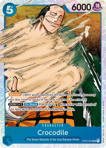 Introducing a highly coveted character card from Bandai's trading card game: the Crocodile (003) from the Starter Deck: The Seven Warlords of The Sea. This unique card is adorned with a blue border and features a cost of 5 in the top left corner, while boasting an impressive attack power of 6000 displayed at the top right. Detailed text beneath these stats highlights its special abilities, including blocking and strategically placing a character at the bottom of your deck.