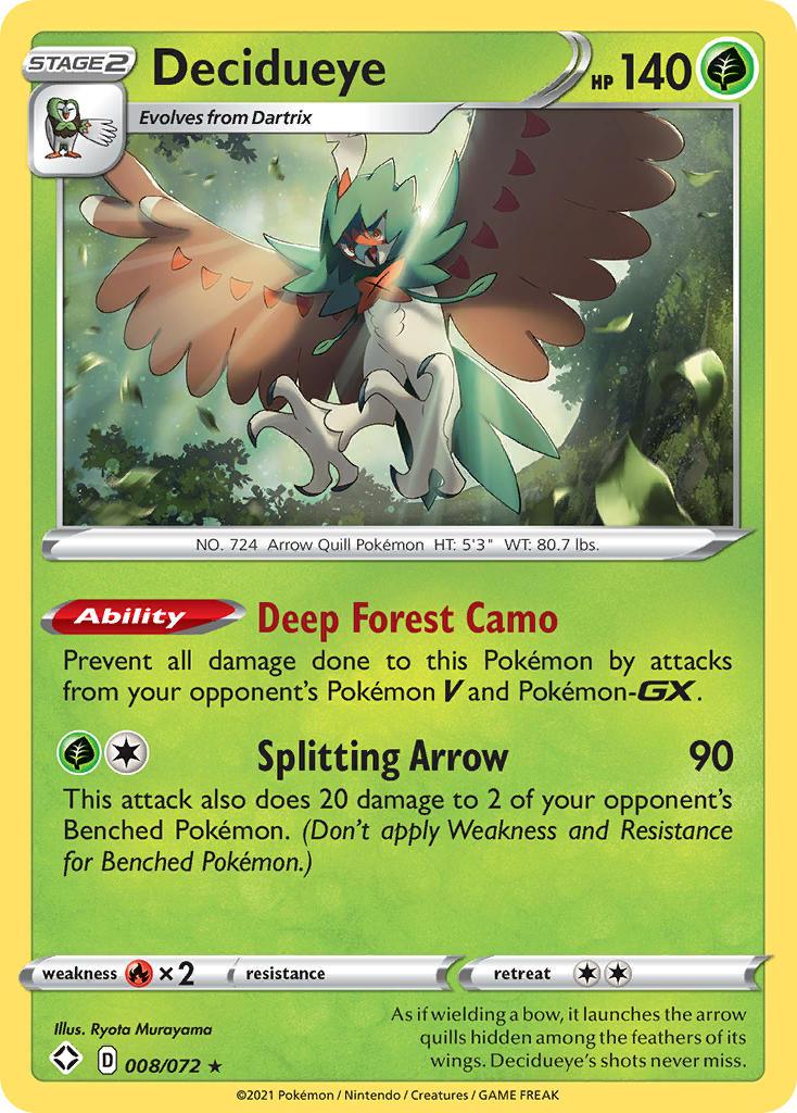 The Pokémon card Decidueye (008/072) from the Sword & Shield: Shining Fates set features a Holo Rare stage 2 Grass Pokémon with 140 HP, evolving from Dartrix. The card highlights Decidueye's abilities 