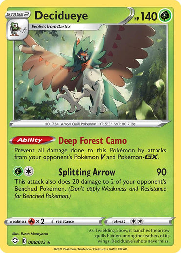 The Pokémon card Decidueye (008/072) from the Sword & Shield: Shining Fates set features a Holo Rare stage 2 Grass Pokémon with 140 HP, evolving from Dartrix. The card highlights Decidueye's abilities "Deep Forest Camo" and "Splitting Arrow." Its artwork showcases the Pokémon with striking green and brown plumage, encircled by a green and yellow border.