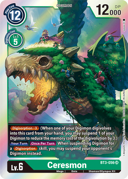 The Ceresmon [BT3-056] card from the Digimon brand's Release Special Booster Ver.1.5 collection showcases a super rare Digimon depicted as a large, bird-like creature with lush foliage and flowers on its back. This card features a blue play cost of 12, a purple level requirement of 5, 12,000 DP, and a Digivolution cost of 3. It also provides detailed effects like Digisorption and other unique abilities in the text.