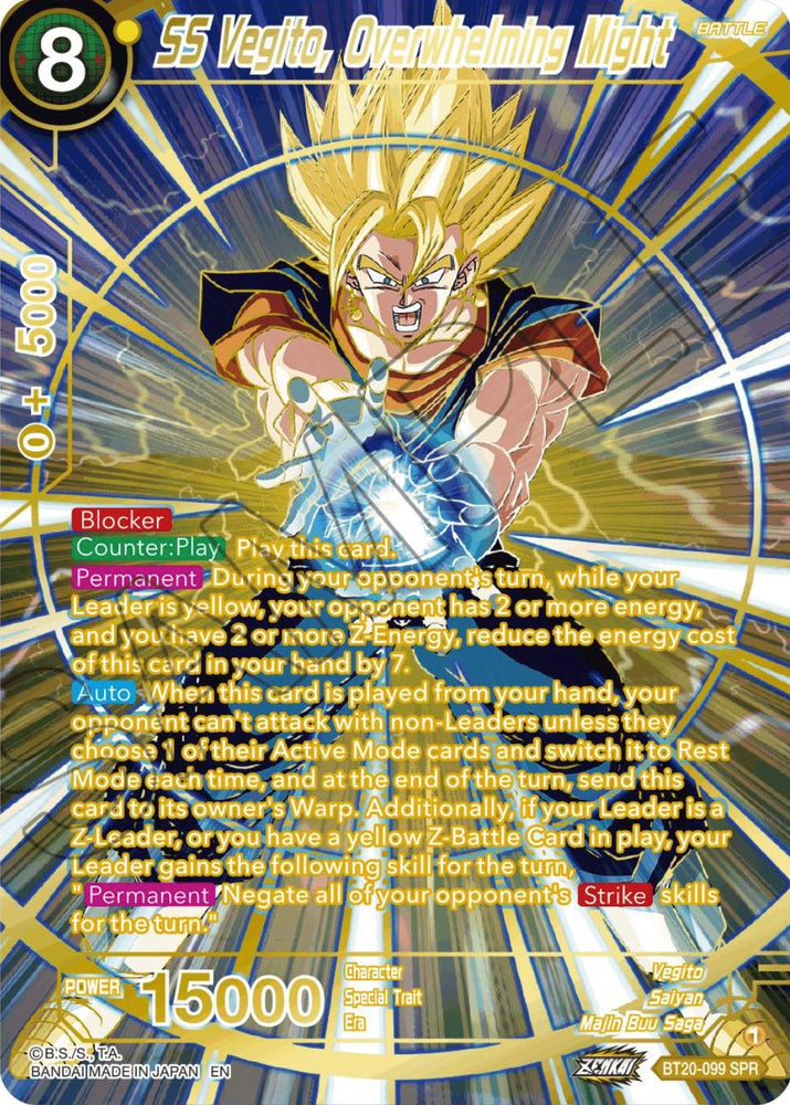 A rare Dragon Ball Super card, SS Vegito, Overwhelming Might (SPR) (BT20-099) [Power Absorbed], showcases SS Vegito with 8 energy, 15000 power, "Blocker" ability, and a bold background from the Majin Buu Saga.