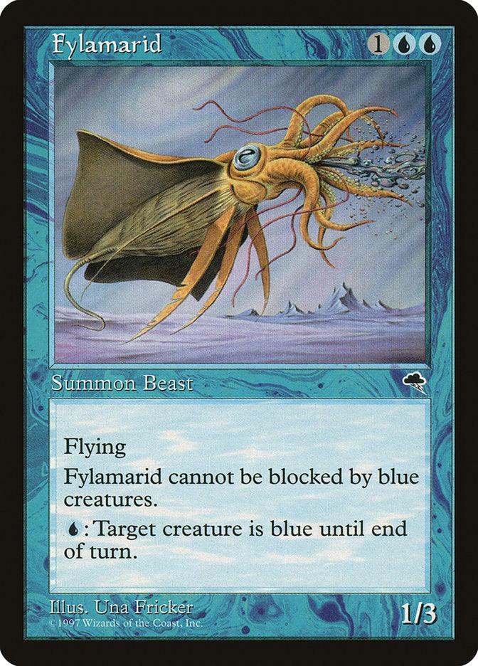 The Magic: The Gathering card "Fylamarid" from the Tempest set features a unique fantasy creature resembling a winged, squid-like entity with the ability to fly. It has the ability to evade blue creatures and can change another creature's color to blue until the end of turn by spending one blue mana. The card is accented with an eye-catching blue border.