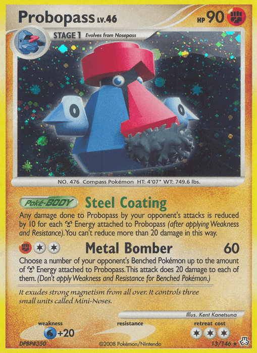 A Pokémon Probopass (13/146) [Diamond & Pearl: Legends Awakened] trading card from the Legends Awakened series featuring Probopass. The card, part of the Diamond & Pearl collection, displays an "HP 90" label in the top right corner. Probopass is depicted with a large red nose, blue eyes, and a mustache-like structure composed of small blue spheres. The card also details the abilities "Steel Coating