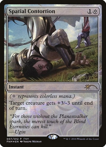 The Magic: The Gathering card "Spatial Contortion [Friday Night Magic 2016]" features a knight in agony on grassy terrain under a cloudy sky, with Ugin's flavor text adding to its appeal as an instant spell.