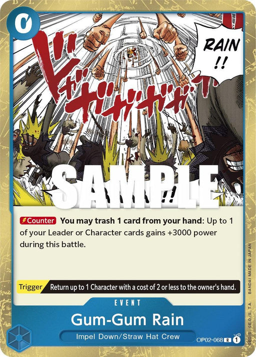 A rare event card from the One Piece Card Game titled "Gum-Gum Rain [Paramount War]" by Bandai. The card, part of the Paramount War series, features an illustration of fists raining down from above. It has a red "Counter" ability allowing you to trash 1 card for a +3000 power gain and a "Trigger" ability to return a character with a cost of 2 or less.
