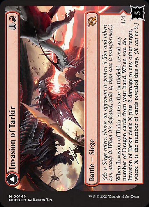 The image is a Magic: The Gathering card titled "Invasion of Tarkir // Defiant Thundermaw [March of the Machine]." It has a red border with an illustration of a fierce battle involving Phyrexians and dragons. The card costs 1 colorless and 1 red mana to cast. The text details its effect when it enters the battlefield and when it transforms.