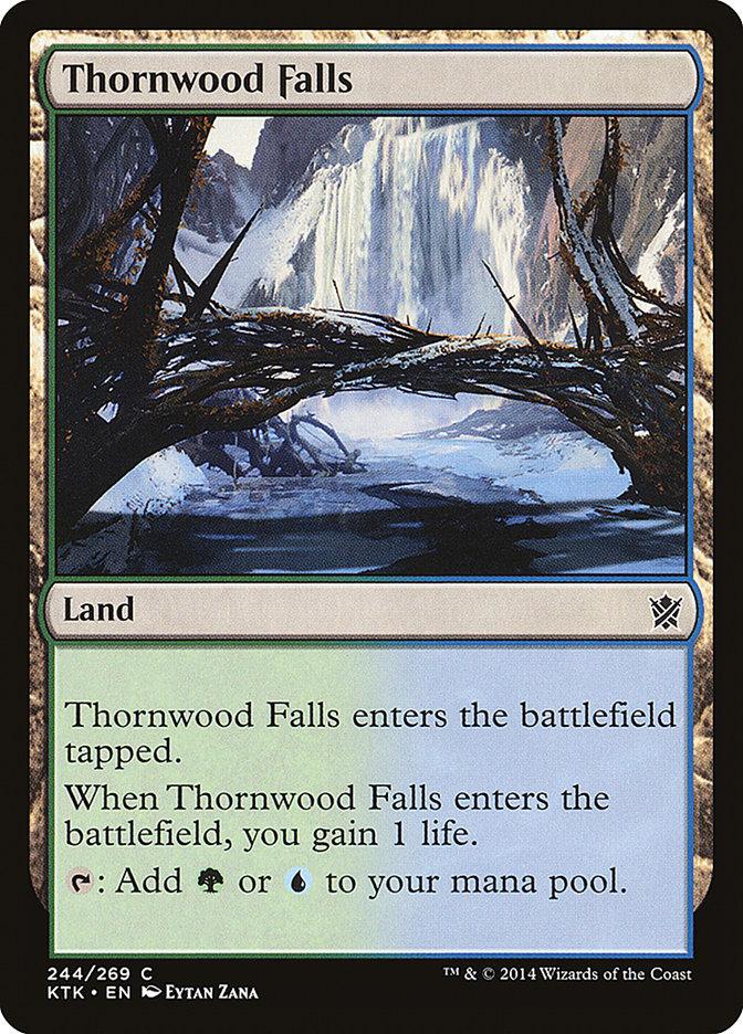 The Magic: The Gathering card "Thornwood Falls [Khans of Tarkir]" showcases a lush, forested waterfall with twisted, thorny branches arching over the water. This Land card enters the battlefield tapped, adds green or blue mana, and grants 1 life gain upon entry.