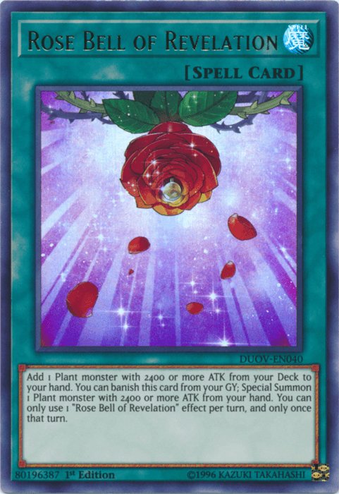 The image showcases the Ultra Rare Yu-Gi-Oh! card "Rose Bell of Revelation [DUOV-EN040]." This spell card features a radiant red rose with green leaves amidst shimmering light beams. Sparkles fill the background, and its effect, essential for summoning a powerful Plant monster, is detailed at the bottom.